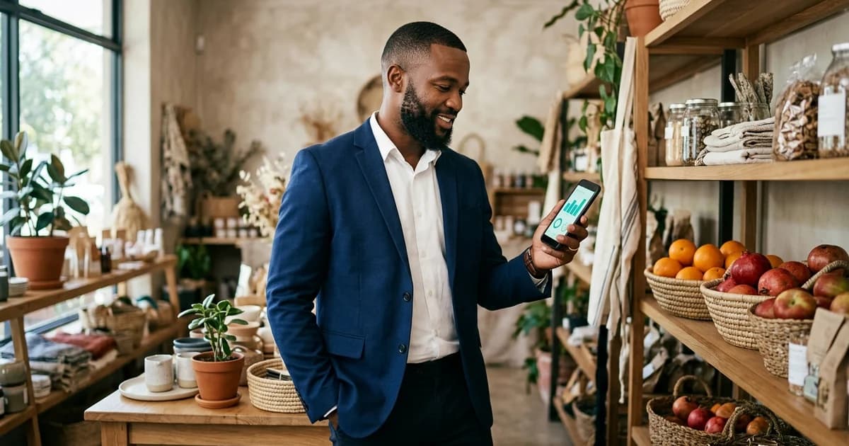 Commerçant élégant vérifiant le stock de sa boutique avec son téléphone